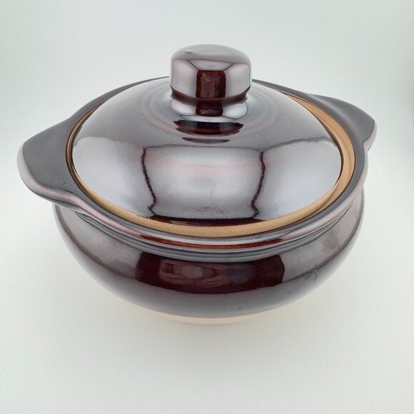 Vintage Monmouth Pottery Ceramic Bean Crock Brown Cream with Lid Maple Leaf Mark - Picture 3 of 8